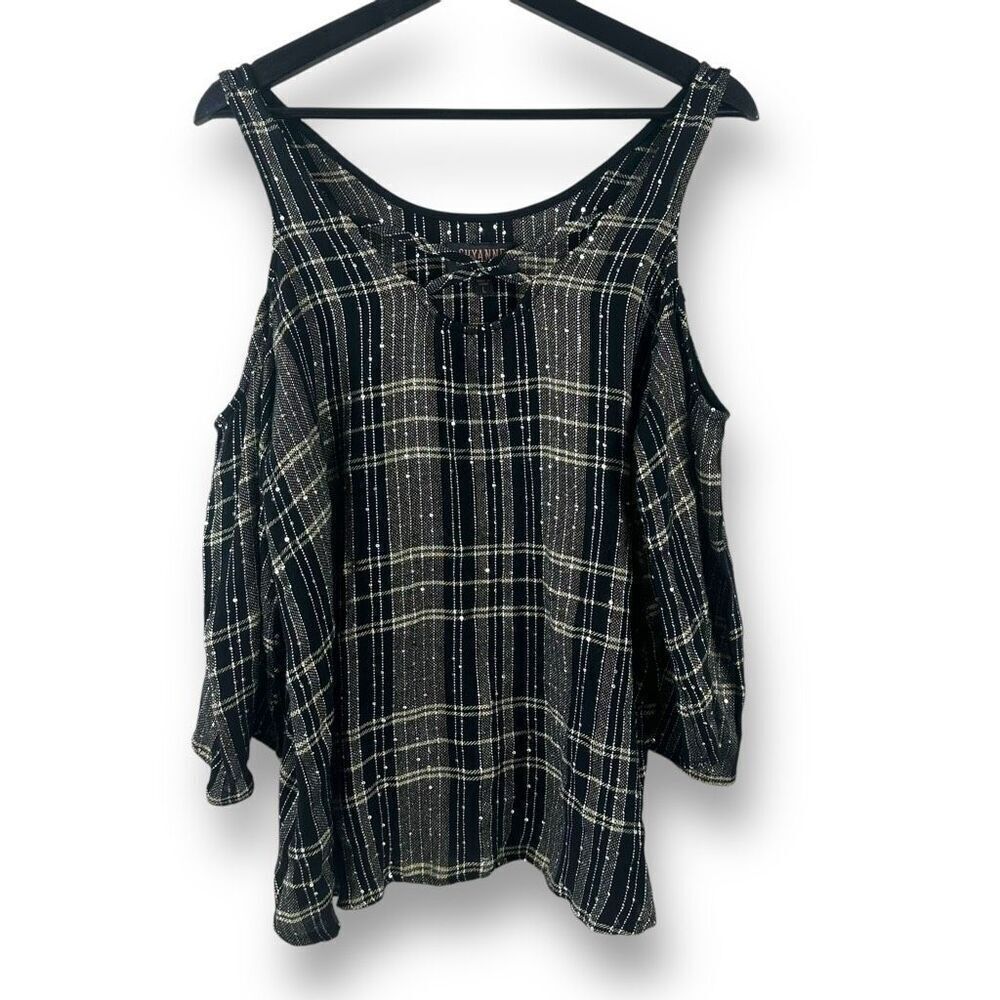Shyanne Women's L Cold Shoulder Boucle Tweed Plaid Blouse Black Country Western
